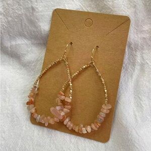 Gold Beaded Pink Stone Tear Drop Earrings